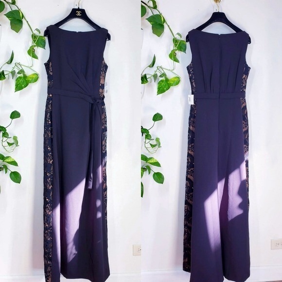 Black Gown 10 Lace Maxi Dress Formal Evening Medium Ruched Stretch Kay Unger